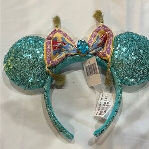 Disney Teal Sequin Ears Headband with Jeweled Magic Carpet Bow